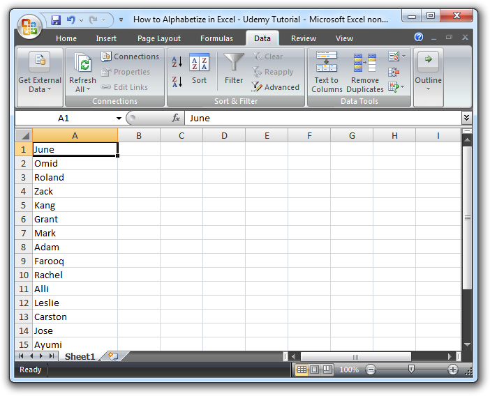 如何在Excel  -  Udemy教程1中字母化1